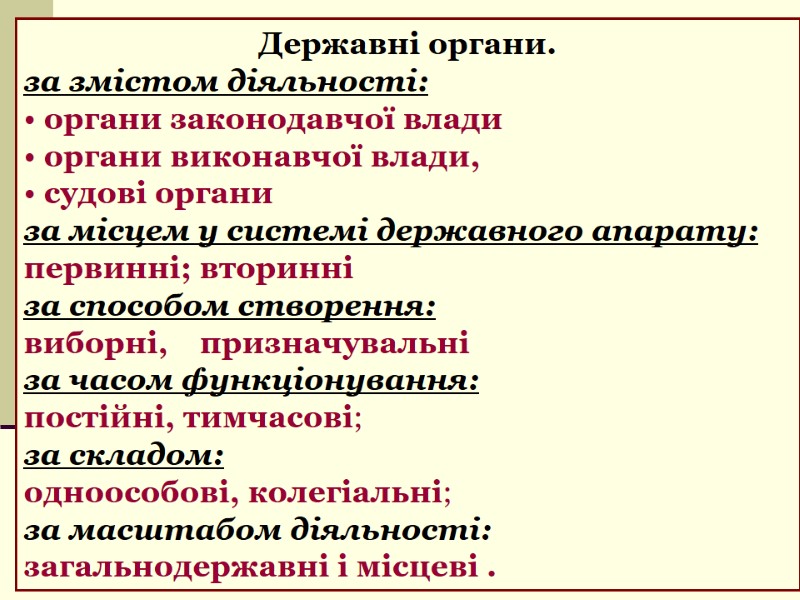 Державні органи. за змістом діяльності:   органи законодавчої влади  органи виконавчої влади,